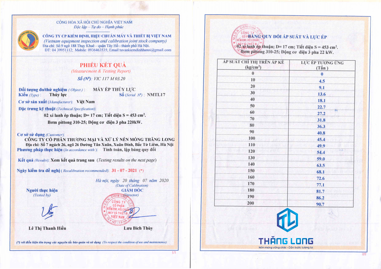 Chứng chỉ kiểm định máy ép neo - ép cọc bê tông