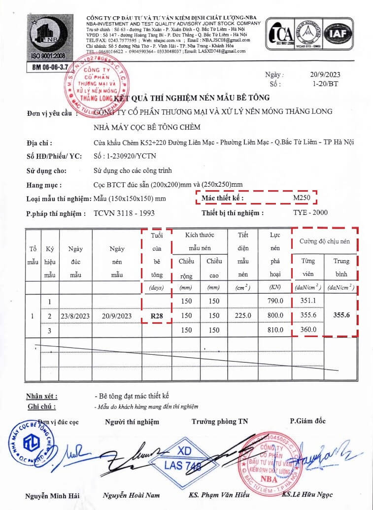 Nén mẫu bê tông Cọc Bê Tông Chèm R28