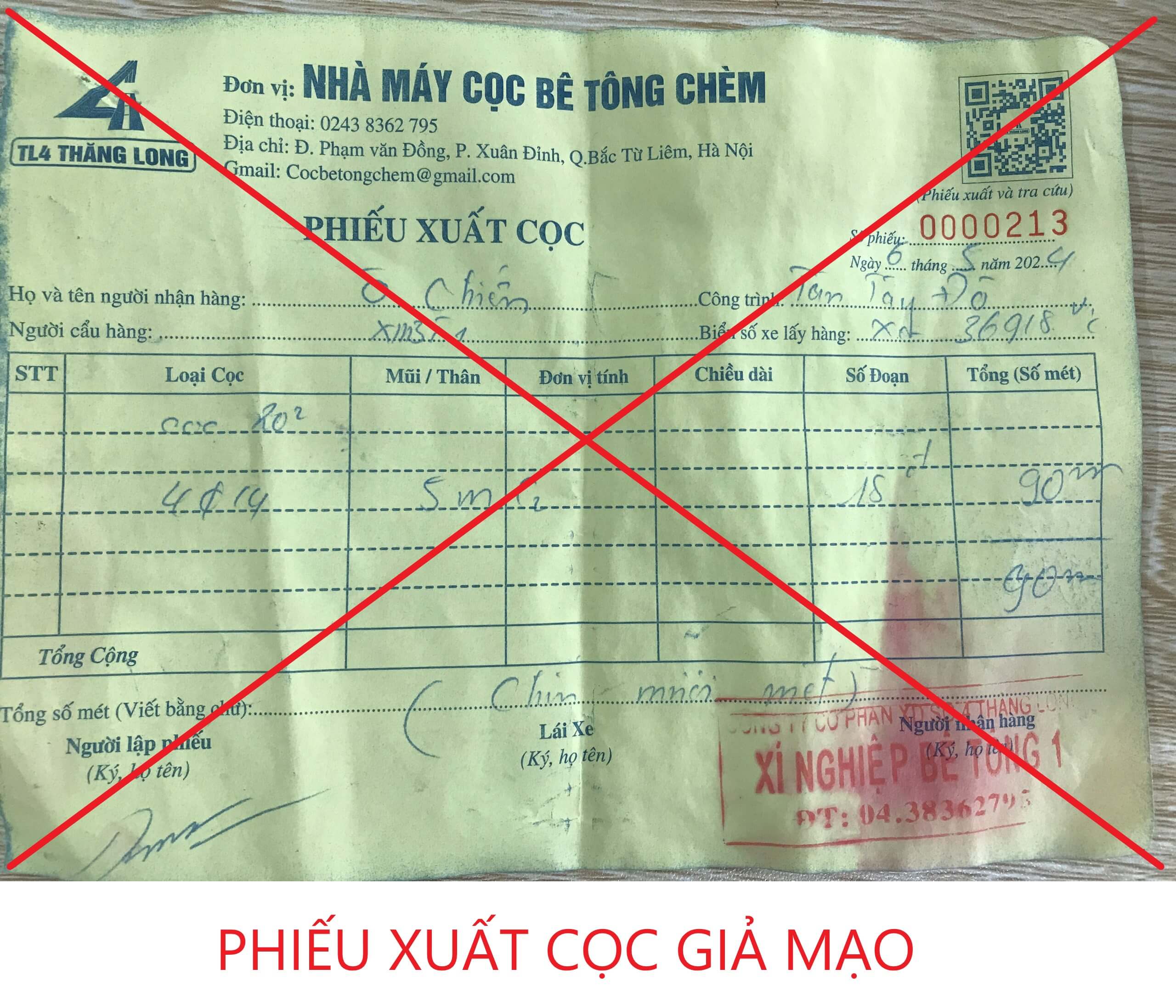 Phiếu xuất cọc giả mạo Nhà Máy Cọc Bê Tông Chèm